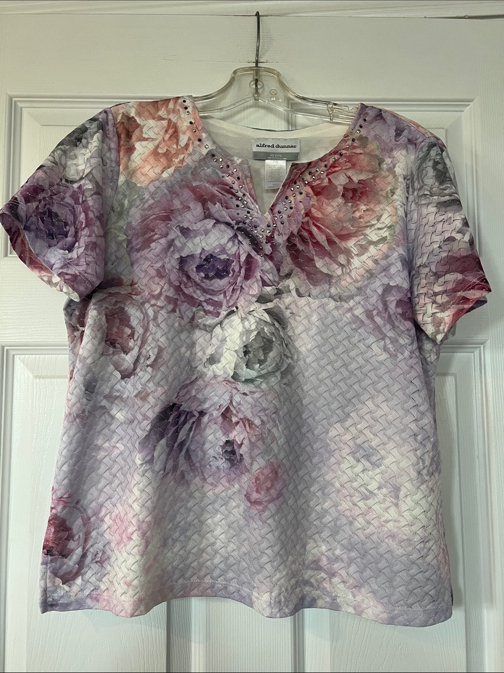 Alfred Dunner Lavender Floral Short Sleeve Top with Rhinestone Trim
